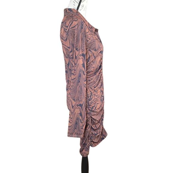 Good American Women's Size 3/ L Chai Swirl Brown Mesh Ruched Button Mini Dress - Picture 3 of 9